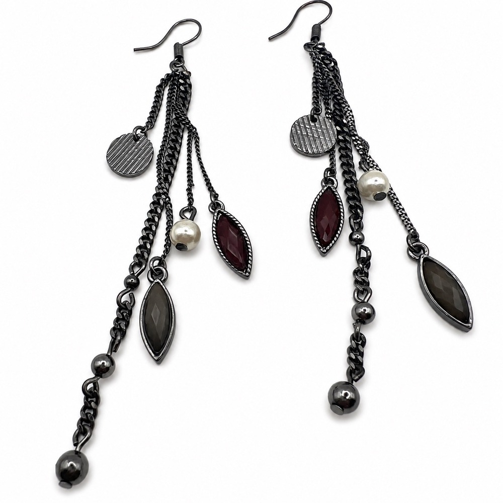 Gunmetal Chain Tassel Dangle Earrings Red Marquise Faux Pearl Boho‎